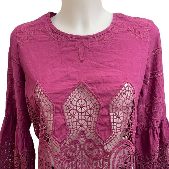 Chloe Oliver Anthropologie Mauve Embroidered / Lace Pullover Tunic Blouse Sz MP - Picture 2 of 11